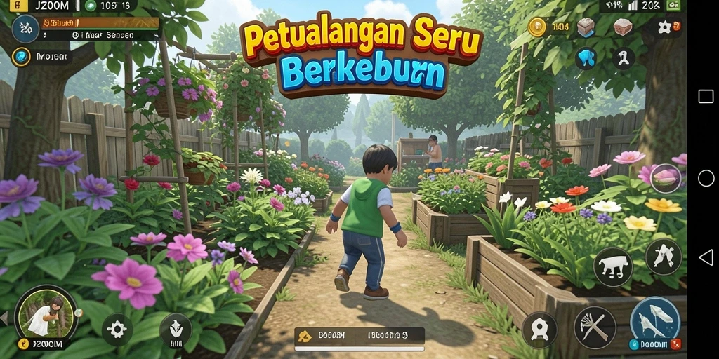 Gameplay J200M menampilkan kebun yang subur dan tanaman yang beraneka ragam.