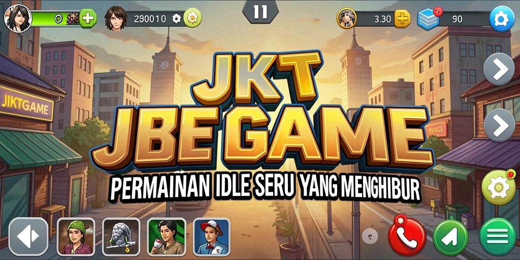 Screenshot menunjukkan gameplay Idle JKTGAME dengan berbagai karakter dan misi.