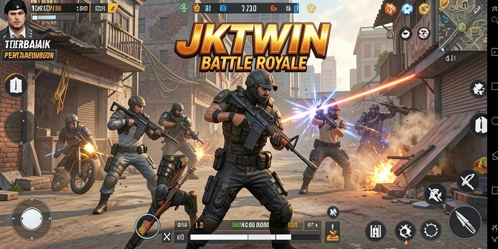 Screenshot utama JKTWIN menunjukkan pertarungan sengit dalam Battle Royale.