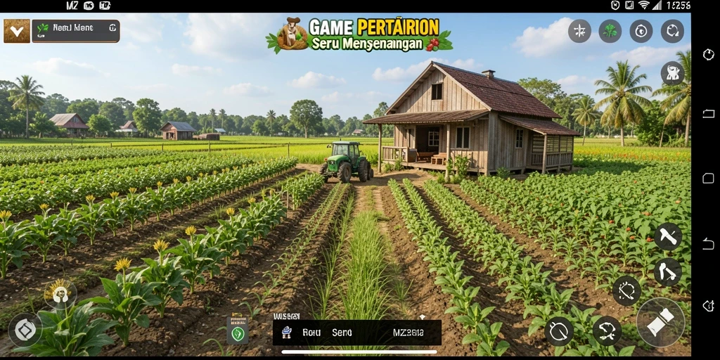 Screenshot utama MZ356 menampilkan tampilan ladang yang subur dan interaksi dengan hewan ternak.