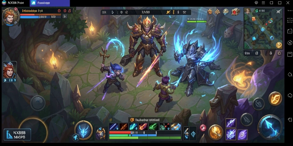 Tangkapan layar gameplay NX888 menampilkan pertarungan epik di dunia fantasi.