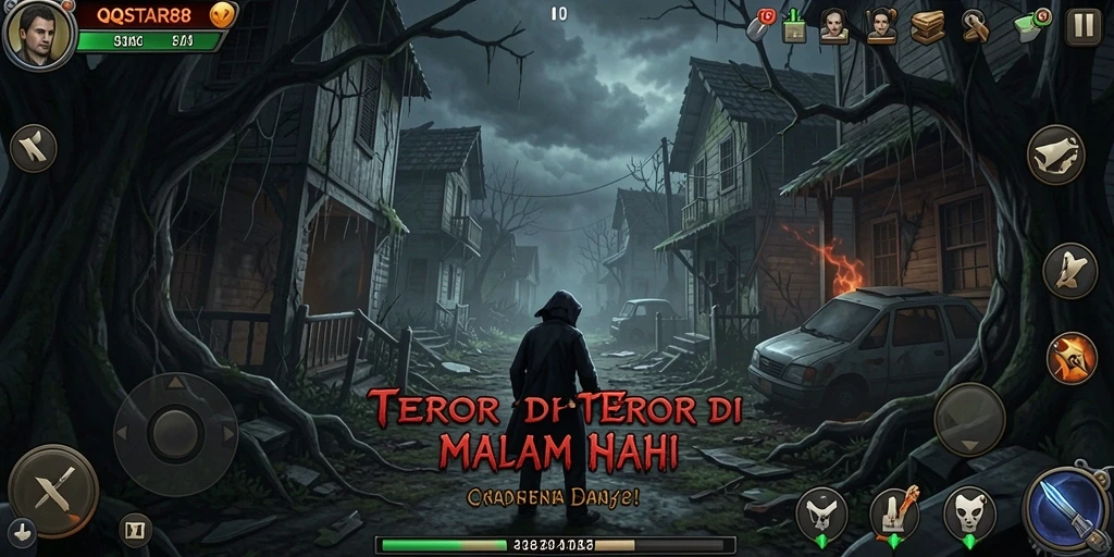 Screenshot gameplay menyeramkan dari QQSTAR88 yang menunjukkan atmosfer Horror.