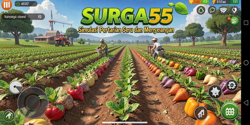 Tampilan gameplay SURGA55 dengan ladang subur dan hewan ternak.