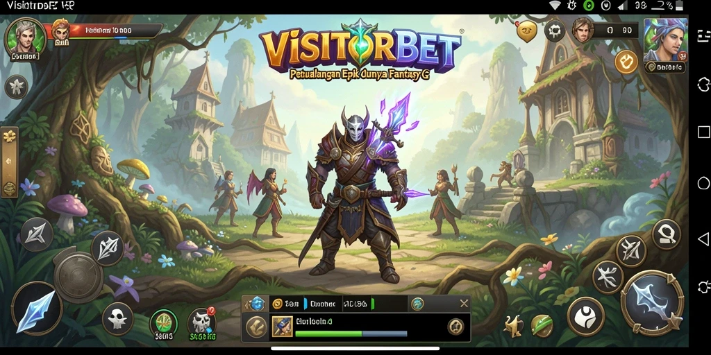 Screenshot gameplay VISITORBET dengan karakter sedang bertarung dan menjelajahi dunia fantasi.