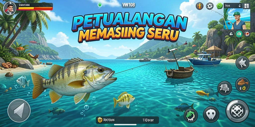 Tampilan gameplay VW108 yang menampilkan aksi memancing yang seru.