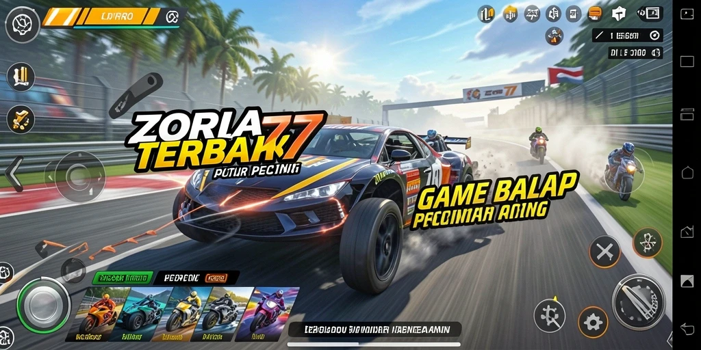 Screenshot gameplay ZORO77 menunjukkan balapan yang menantang dan mendebarkan.